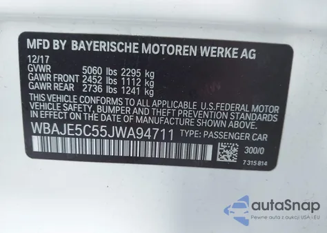 2018 BMW 540I z USA, uszkodzony, nr VIN WBAJE5C55JWA94711